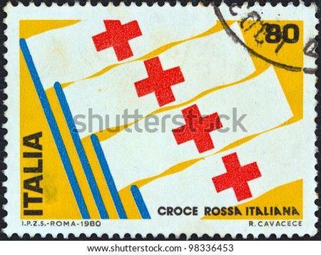 ITALY - CIRCA 1980: A stamp printed in Italy issued for the 1st International Exhibition of Red Cross shows Red Cross Flags, circa 1980.