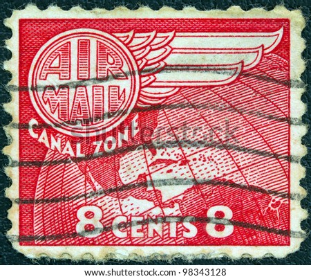 PANAMA CANAL ZONE- CIRCA 1951: A stamp printed in Panama Canal Zone shows a map of central America, circa 1951.