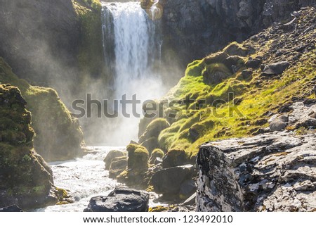 Rapid clean river in background Dynjandi waterfall -  Iceland, Westfjords.