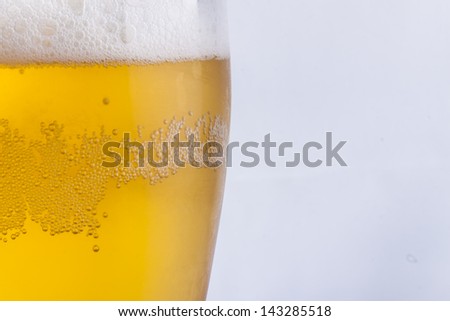 Golden cold beer with white froth in glass on white background.