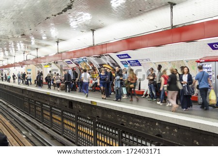 PARIS, FRANCE -  APRIL 25:Paris Metro station (Chatelet) on april 25, 2013 in Paris. Paris Metro is the 2nd largest underground system worldwide by number of stations (300).