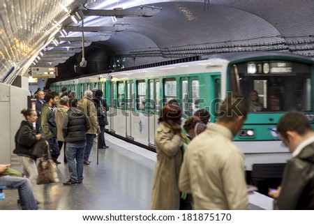 PARIS, FRANCE - APRIL 27:Paris Metro station (Mirabeau) on april 27, 2013 in Paris. Paris Metro is the 2nd largest underground system worldwide by number of stations (300).