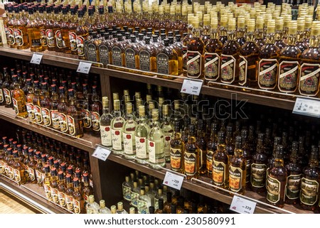 OSLO GARDERMOEN, NORWAY -  NOVEMBER 2: Alcohols in Duty Free Shop at Oslo Gardermoen International Airport on november 2, 2014 in Oslo. Alcohol in Norway is one of the most expensive in Europe.