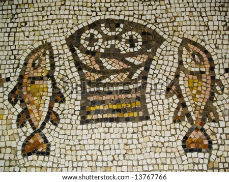 Ancient mosaic inside the Church of the Multiplication of the Loaves and the Fishes, Tabgha, Israel