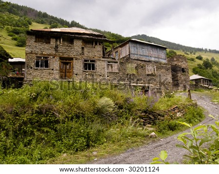 Big brick house on the hill in Swanetia, Georgia Caucasus mountain