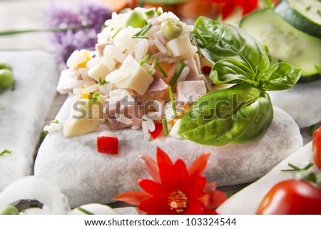 cold rice presented in flat stone