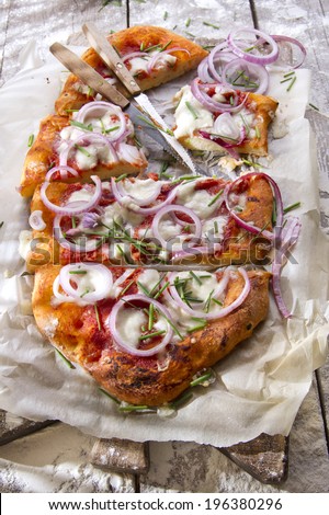Freshly baked pizza with red onion and mozzarella