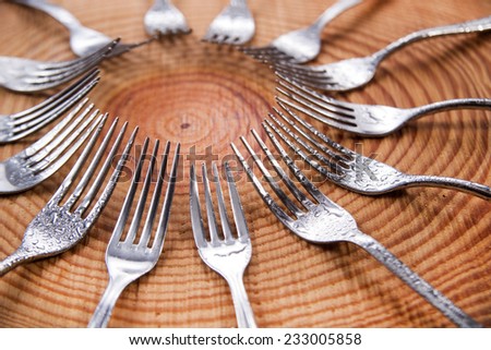 Series of different forks in a circle of pine board