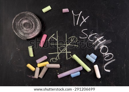Drawing with chalk on the blackboard to represent the beginning of new school year
