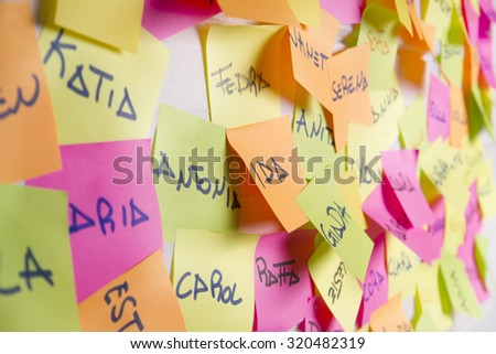 Women\'s names written on small pieces of paper of different colors