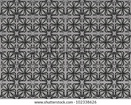 Monarch butterflies lined in a square pattern, black, gray and white. Could be useful for a clothing print, floor covering, linoleum or ceramic tile design./ Butterfly Pattern #4 / Nice retro style.