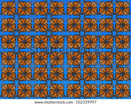 Monarch butterflies pattern across frame, this one, blue and orange. Could be useful for a clothing print, floor covering, linoleum or ceramic tile design. / Butterfly Pattern #10 / nice retro style.