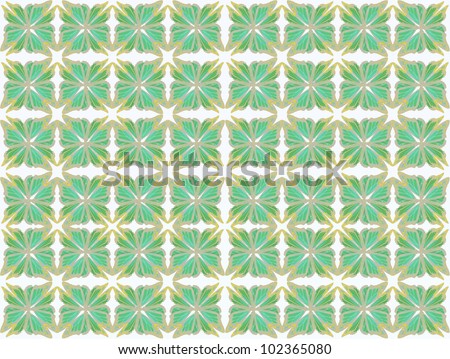 Butterfly pattern of four butterflies pasted at 45 degree angles, squared. Light green hues, white background. / Butterfly Pattern #25 / Classic look pattern, for whatever your notion.