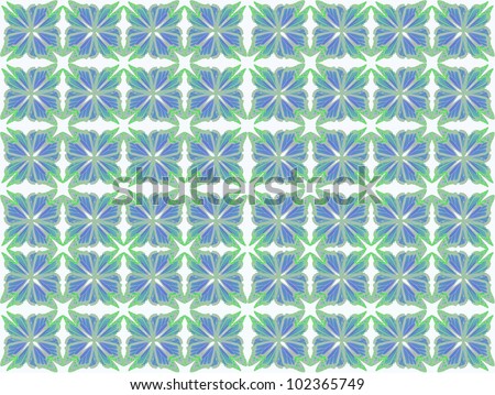 Butterfly pattern of four butterflies pasted at 45 degree angles, squared. Light green and blue, white background. / Butterfly Pattern #24 / Classic look and style for whatever your notion.