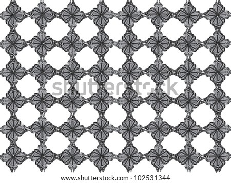 Butterfly pattern of four butterflies pasted at 45 degree angles, in a diamond shape. Black and gray diamonds, white background./ Diamond Butterfly Pattern #8 / Classic look, for whatever your notion.