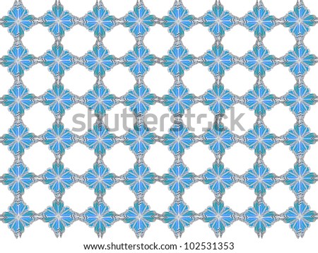 Butterfly pattern of four butterflies pasted at 45 degree angles, in a diamond shape. Inverted light blue, gray and black diamonds, white background. / Diamond Butterfly Pattern #13 / Classic look.