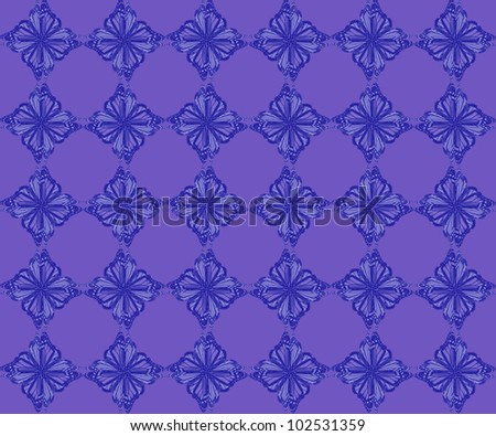 Pattern of four butterflies pasted at 45 degree angles, in a diamond shape. Inverted dark bluish purple butterflies, lighter bluish purple background./ Diamond Butterfly Pattern #34 / Classic look.
