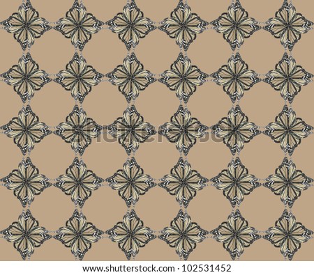 Butterfly pattern of four butterflies pasted at 45 degree angles, in a diamond shape. Black, shaded brown and white butterflies, light brown background./ Diamond Butterfly Pattern #28 / Classic look.