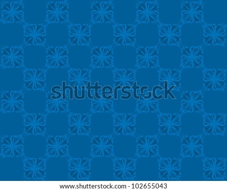Four butterflies pasted at 45 degree angles, in a classic checkerboard pattern. Inverted light and dark blue butterflies, blue background./ Butterfly Interlock Checker #32 / Classic looking style.