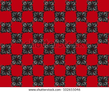 Four butterflies pasted at 45 degree angles, in a checkerboard pattern. Inverted black, gray and white blue butterflies, red background./ Butterfly Interlock Checker #24 / Classic looking style.