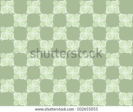 Four butterflies pasted at 45 degree angles, in a classic checkerboard pattern. Inverted light green and white butterflies, green background./ Butterfly Interlock Checker #26 / Classic looking style.