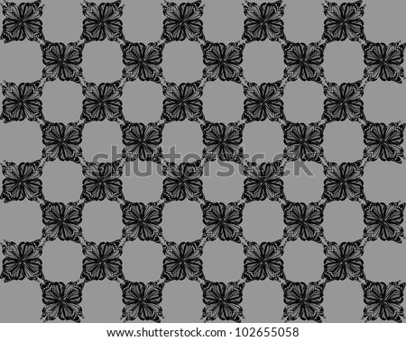 Four butterflies pasted at 45 degree angles, in a classic checkerboard pattern. Inverted black , white and gray butterflies, gray background./ Butterfly Interlock Checker #25 / Classic looking style.