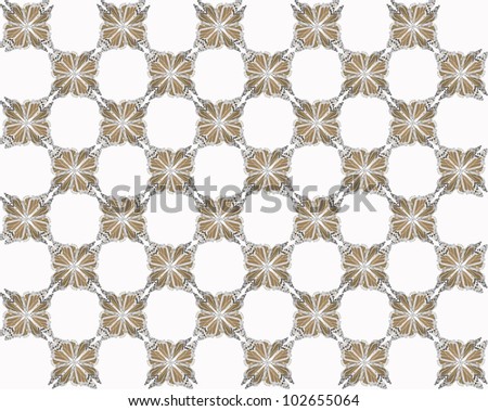 Four butterflies pasted at 45 degree angles, in a classic checkerboard pattern. Inverted, brown to dark gray butterflies, white background./ Butterfly Interlock Checker #5 / Classic looking style.