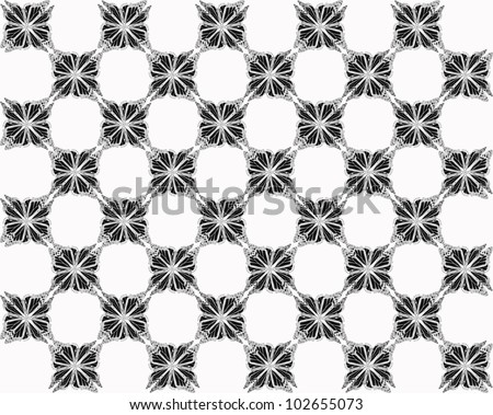 Four butterflies pasted at 45 degree angles, in a classic checkerboard pattern. Inverted black and gray butterflies, white background./ Butterfly Interlock Checker #1 / Classic looking style.