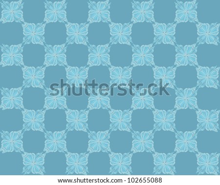 Four butterflies pasted at 45 degree angles, in a classic checkerboard pattern. Inverted light aqua butterflies, dark aqua background./ Butterfly Interlock Checker #37 / Classic looking style.