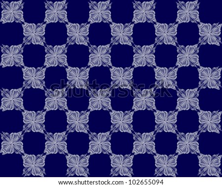 Four butterflies pasted at 45 degree angles, in a classic checkerboard pattern. Inverted blue to white butterflies, dark blue background./ Butterfly Interlock Checker #44 / Classic looking style.