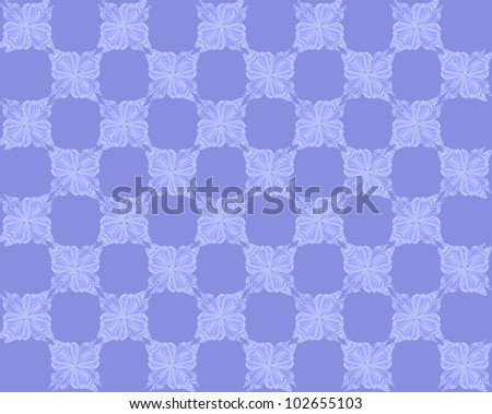 Four butterflies pasted at 45 degree angles, in a classic checkerboard pattern. Inverted white butterflies, bluish violet background./ Butterfly Interlock Checker #39 / Classic looking style.