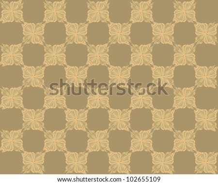 Four butterflies pasted at 45 degree angles, in a classic checkerboard pattern. Inverted tan butterflies, brown background./ Butterfly Interlock Checker #38 / Classic looking style.