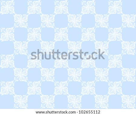 Four butterflies pasted at 45 degree angles, in a classic checkerboard pattern. Inverted white butterflies, powder blue background./ Butterfly Interlock Checker #22 / Classic looking style.