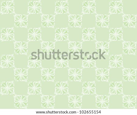 Four butterflies pasted at 45 degree angles, in a checkerboard pattern. Inverted light green and white butterflies, light green background./ Butterfly Interlock Checker #19 / Classic looking style.