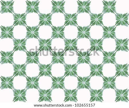 Four butterflies pasted at 45 degree angles, in a checkerboard pattern. Inverted, emerald and light green butterflies, white background./ Butterfly Interlock Checker #9 / Classic looking style.