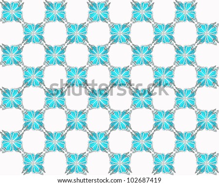 Four butterflies pasted at 45 degree angles, in a classic checkerboard pattern. Inverted cyan, gray, and black butterflies, white background./ Butterfly Interlock Checker #3 / Classic looking style.