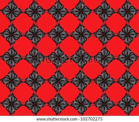 Pattern of four butterflies pasted at 45 degree angles, in a diamond shape. Gray and black shaded diamonds, red background. / Diamond Butterfly Pattern #36 / Classic style, for whatever your notion