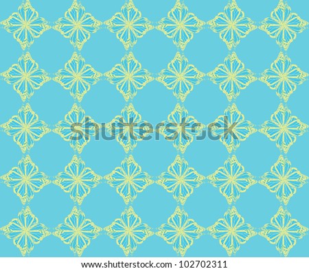 Butterfly pattern of four butterflies pasted at 45 degree angles, in a diamond shape. Yellow shaded diamonds, cyan background./ Diamond Butterfly Pattern #43 / Classic style, for whatever your notion