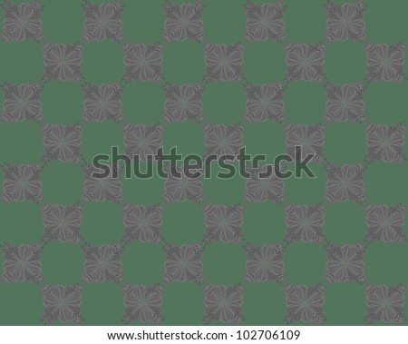 Butterfly pattern, four butterflies pasted at 45 degree angles, in checker pattern. Inverted dark gray butterflies, gray green background./ Butterfly Interlock Checker #1/ Great interlocking pattern.