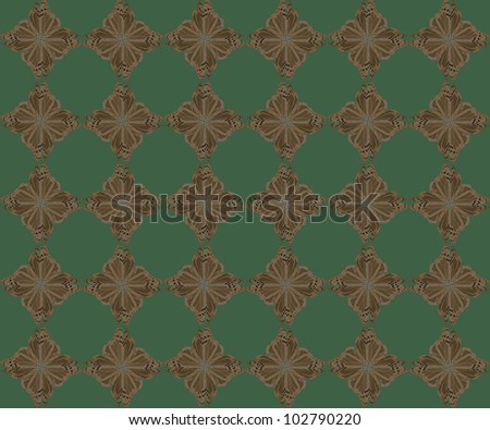 Pattern of four butterflies pasted at 45 degree angles, in a diamond shape. Light and dark brown diamonds, Dark green background./ Diamond Butterfly Pattern #53 / Great style, whatever your idea.