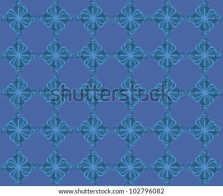 Pattern of four butterflies pasted at 45 degree angles, in a diamond shape. Inverted light light and dark blue butterflies, blue background. / Diamond Butterfly Pattern #69 / Great retro styling.
