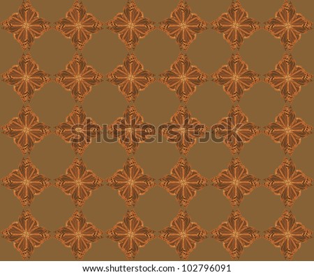 Butterfly pattern of four butterflies pasted at 45 degree angles, in a diamond shape. Inverted orange and black butterflies, brown background. / Diamond Butterfly Pattern #71 / Great retro styling.