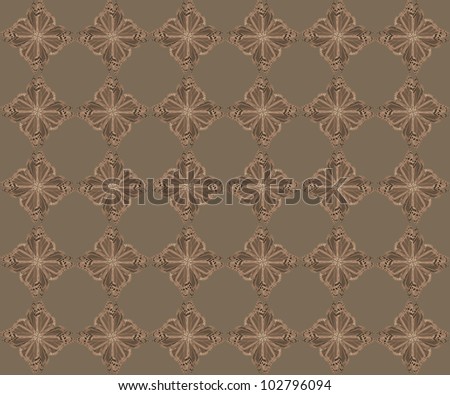 Pattern of four butterflies pasted at 45 degree angles, in a diamond shape. Inverted light tan and brown butterflies, dark brown background. / Diamond Butterfly Pattern #70 / Great retro styling.