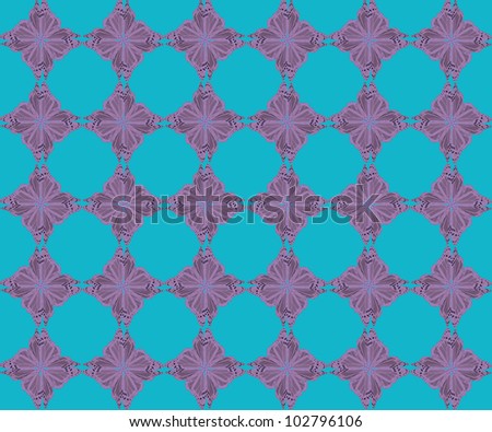 Butterfly pattern of four butterflies pasted at 45 degree angles, in a diamond shape. Inverted purple hued butterflies, cyan background. / Diamond Butterfly Pattern #66 / Great retro styling.