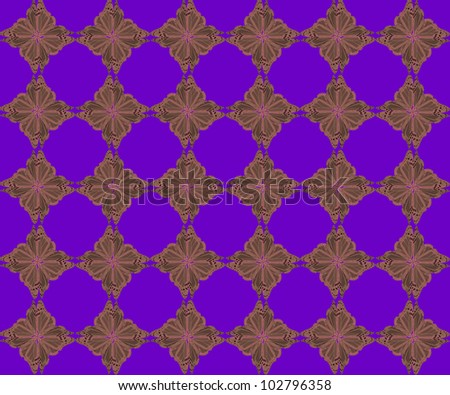 Butterfly pattern of four butterflies pasted at 45 degree angles, in a diamond shape. Inverted brown butterflies, bright purple background. / Diamond Butterfly Pattern #64 / Great retro styling.