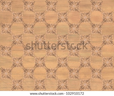 Wood tile with darker butterflies inlaided in a checker pattern.                                          Dark brown checkers, cedar wood look. / Faux Wood Marquetry Design #17/ Great classic look.
