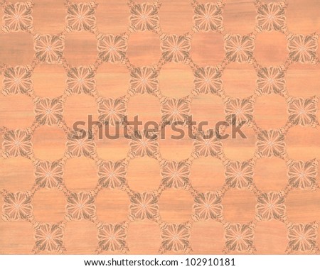 Wood tile with darker butterflies inlaided in a checker pattern.                                          Dark brown checkers, cedar wood look. / Faux Wood Marquetry Design #17/ Great classic look.