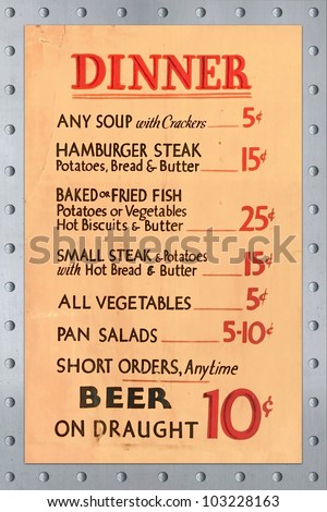 Early 1900\'s dinner menu listing soup,hamburger,steak,vegetables,salads,and beer./ Vintage Cafe Menu / Great addition to any cafe, diner, coffee shop, or espresso wall.