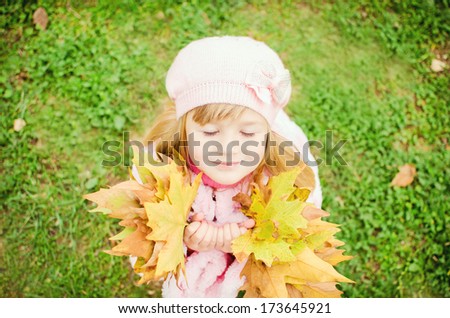 Autumn portrait of little pretty happy child (girl) with maple leaves in autumn park. Adorable girl in pink wear posing outdoors on beautiful autumn day
