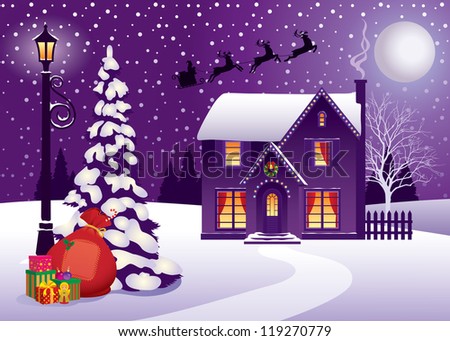 Vector illustration on the theme the Christmas holiday/ Christmas in Village